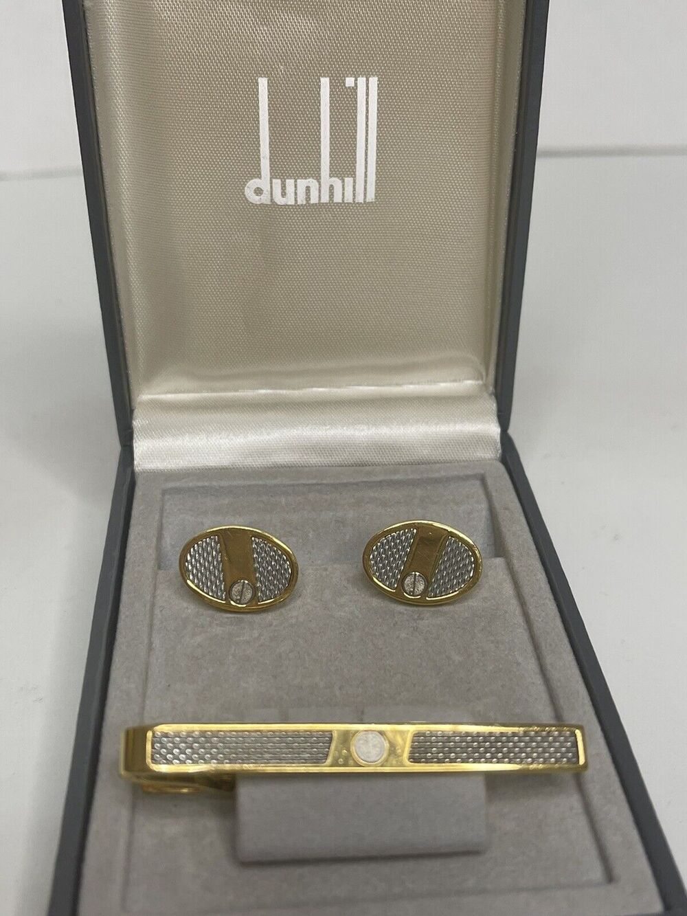 Dunhill “d” Logo Round Gold Cufflinks and Tie Bar/Clip With Box